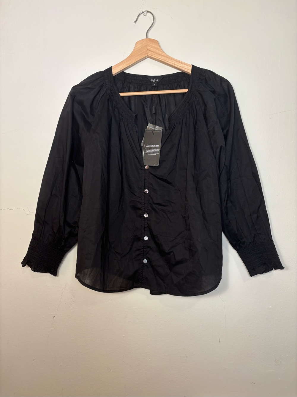 Rails Black Button-Front Blouse with Smocked Cuffs